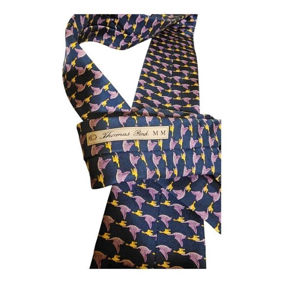THOMAS PINK Silk Tie Navy Lavender Bird Print - Picture 6 of 7
